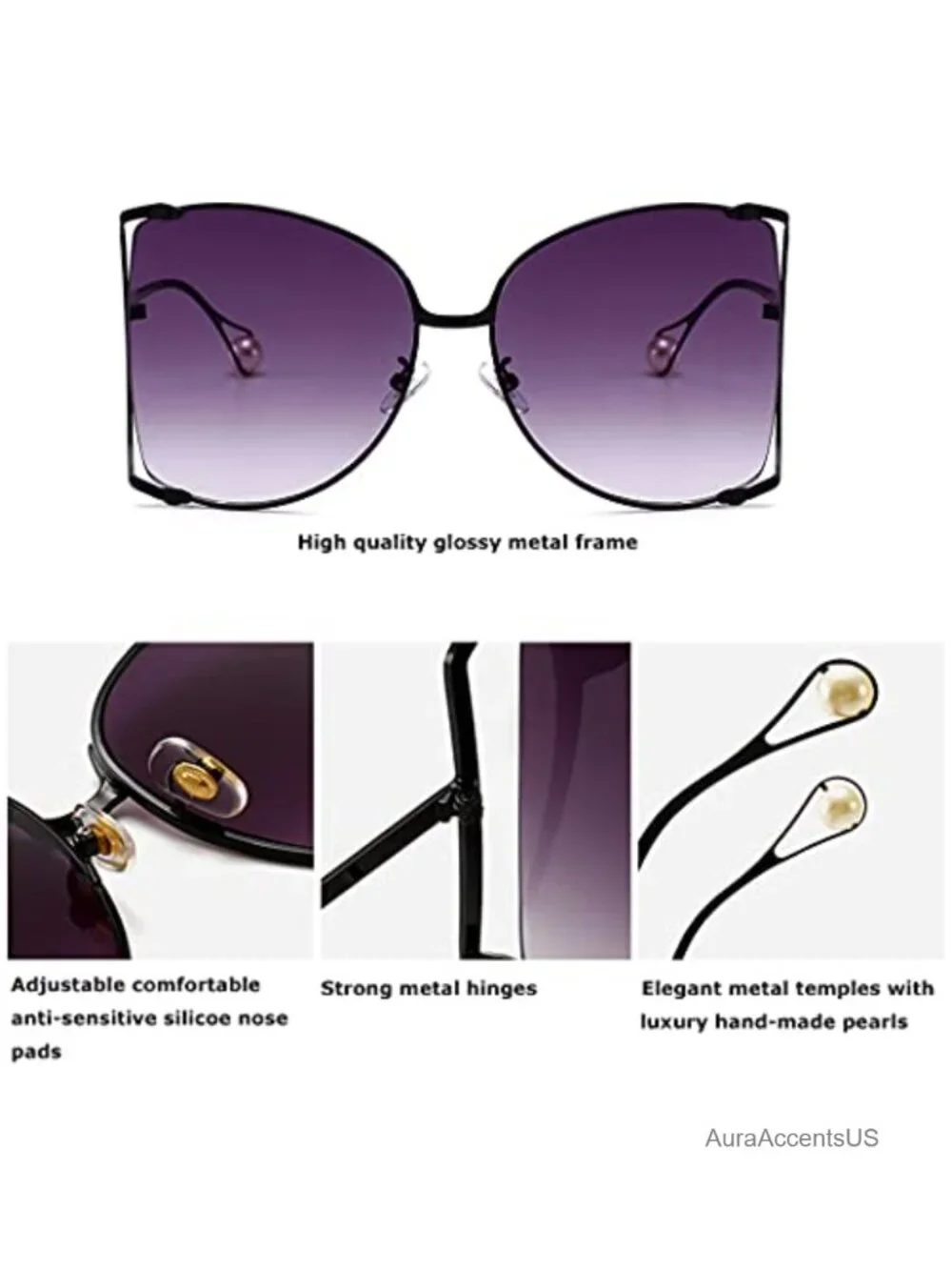 Oversized Semi Rimless Retro Metal Frame Sunglasses UV Protection Fashion Pearl